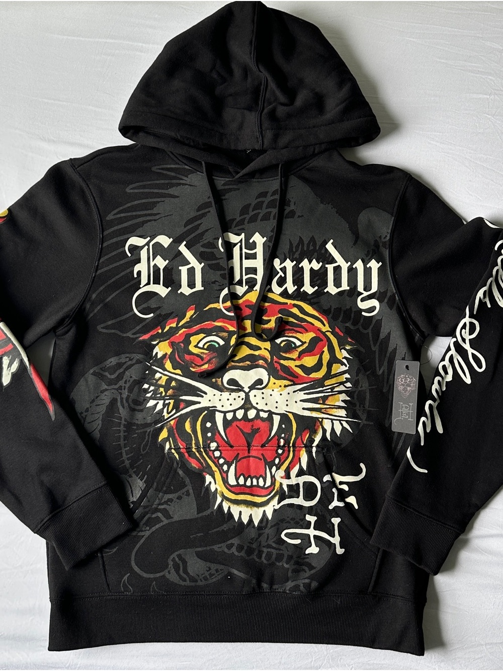 Ed Hardy Black Hoodie with Multicolor Tiger Graphic
